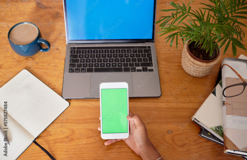 Canvas Prints Green screen, laptop and phone in hands for mobile app, multimedia mockup and product placement space. Student planning with smartphone mock up for social media marketing, communication or ux design