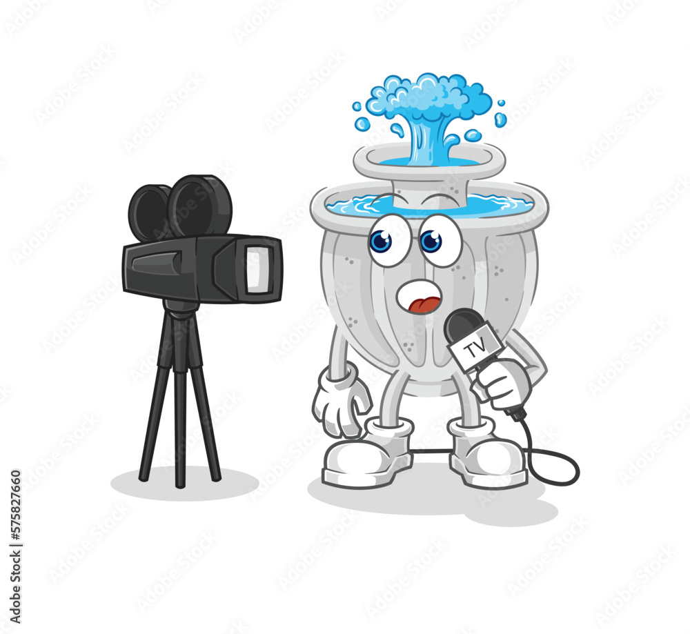 Poster water fountain tv reporter cartoon. cartoon mascot vector