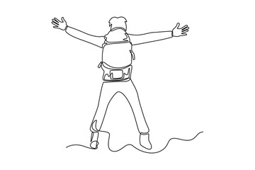 Fototapeta premium Continuous one line drawing happy man with bag spread hands. Travel experience concept. Single line draw design vector graphic illustration.