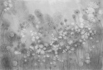 Black and white Nature floral landscape. Abstract flowers on textured spotted background. Artistic background. Watercolor painting on textured paper.