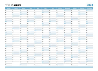 2024 yearly planner or organizer design template, ready for print. Schedule page journal, stationery calendar, corporate planner, 12 month vector illustration