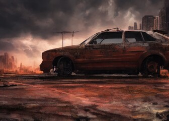 Obraz na płótnie Canvas An old car in a post-apocalypse world. Generated by AI
