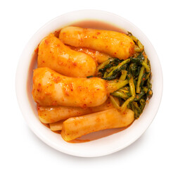 Bachelor kimchi on white background or Radish kimchi with Ponytail radish Korean traditional fermented vegetable a side dish at meals isolate on white with clipping path.