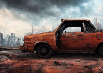 An old car in a post-apocalypse world. Generated by AI