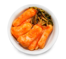 Bachelor kimchi on white background or Radish kimchi with Ponytail radish Korean traditional fermented vegetable a side dish at meals isolate on white with clipping path.
