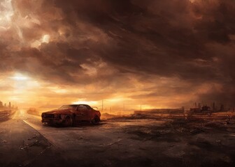 An old car in a post-apocalypse world. Generated by AI