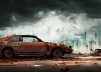 Plakat An old car in a post-apocalypse world. Generated by AI