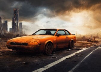 Fototapeta na wymiar An old car in a post-apocalypse world. Generated by AI