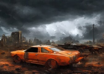 Obraz na płótnie Canvas An old car in a post-apocalypse world. Generated by AI