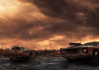 An old car in a post-apocalypse world. Generated by AI