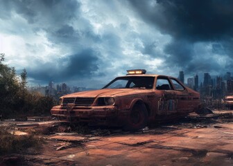 An old car in a post-apocalypse world. Generated by AI