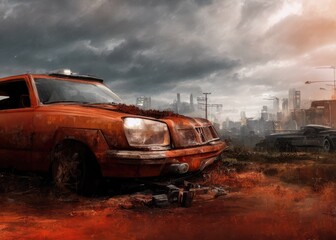 An old car in a post-apocalypse world. Generated by AI