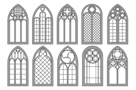 Gothic church windows. Vector architecture arches with glass. Old castle and cathedral frames. Medieval stained interior design. Vintage illustration