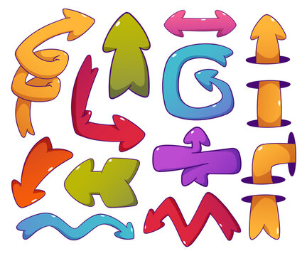 Cartoon quirky arrow illustration vector set. Isolated retro comic spiral shape pointer for app ui design. Bright playful game png clipart collection. Colorful turn or direction infographic symbol.