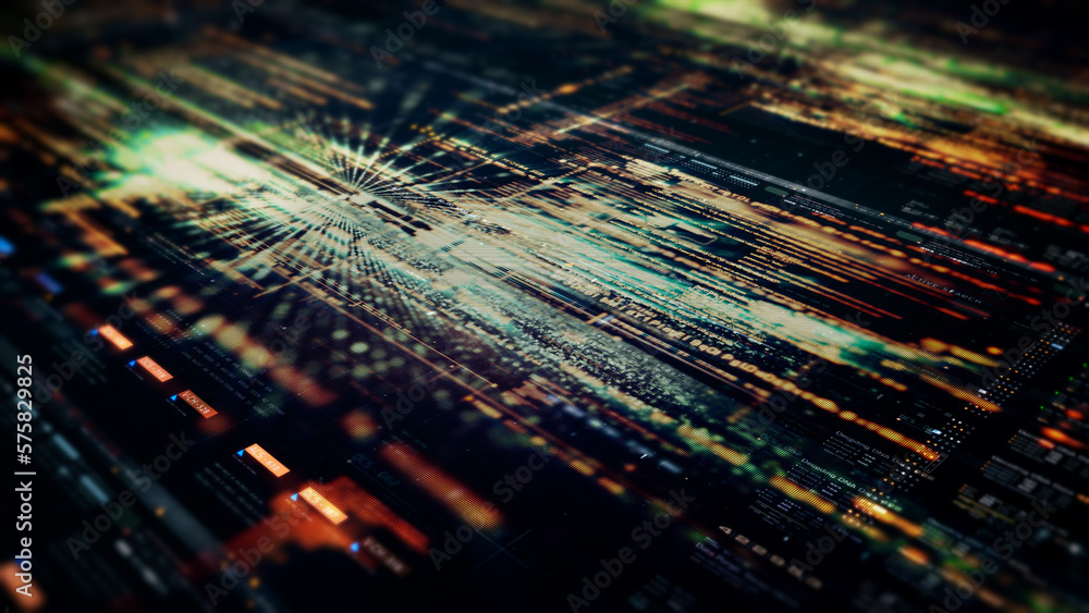 Fototapete Advanced data matrix telemetry, meta, metaverse, and encrypt source code database numbers simulation in cyber space environment for head up display background