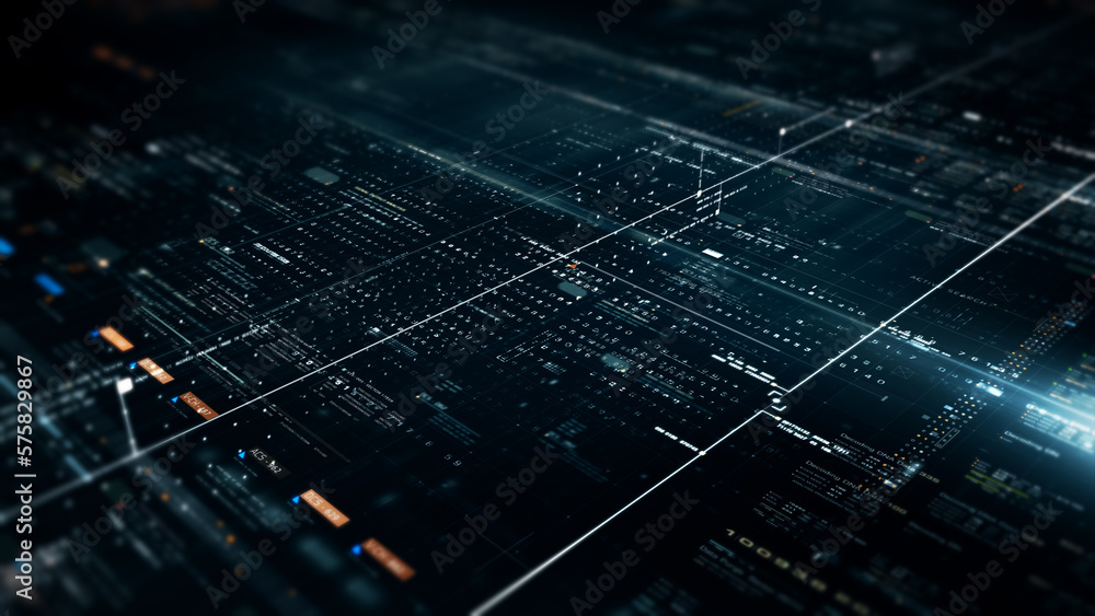 Leinwandbilder Advanced data matrix telemetry, meta, metaverse, and encrypt source code database numbers simulation in cyber space environment for head up display background