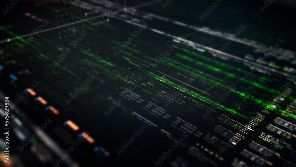 Fototapete Advanced data matrix telemetry, meta, metaverse, and encrypt source code database numbers simulation in cyber space environment for head up display background
