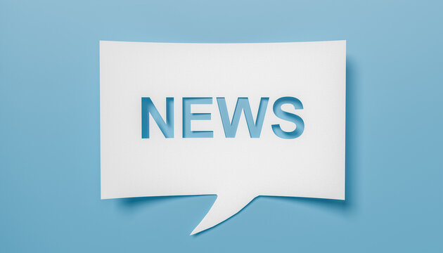 Speech bubble with news message. News word on cutout white paper speech bubble on blue background. Minimalist design 3d rendering