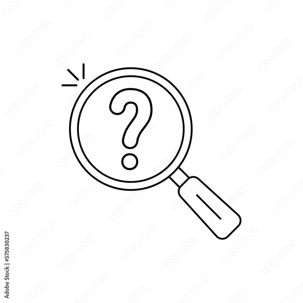 Poster thin line magnifier black icon with question mark. flat linear trend modern lineart scrutiny or inqu