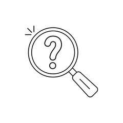 thin line magnifier black icon with question mark. flat linear trend modern lineart scrutiny or inquiry logotype stroke art design web element isolated on white. concept of inspect or survey badge