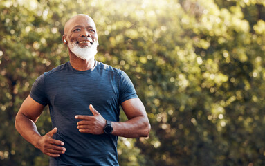 Happy black man running in park with music, smile and mockup in nature, garden and workout. Senior...