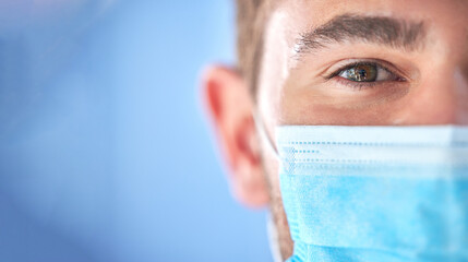 Covid 19 portrait, half face mask and doctor for pandemic security risk, hospital healthcare...