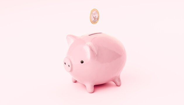Piggy bank and one euro coin. Funds and budgeting of economy. Investment income, real estate banking. Pink pig bank on pink background. 3d rendering