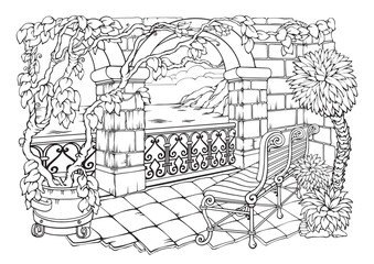 Romantic Garden. Coloring Pages. Arches, bench, and plant. Vector illustration.
