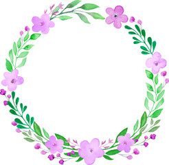 Watercolor floral round wreath  with purple flowers, green leaves,  branches.  Hand drawing illustration isolated on white background. Vector EPS.