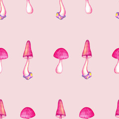 Pattern with Pink Magic Mushrooms. Watercolor Mushroom Pattern. Seamless Pattern with Mushrooms for Paper and Textile.
