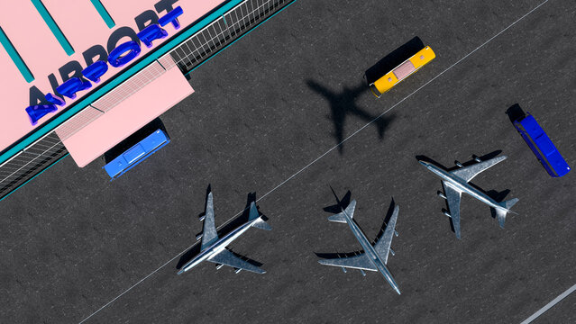Aerial view of airport. Planes stand at the airport building. Buses will take passengers to the planes. The shadow from the aircraft runs through the airfield. 3d rendering