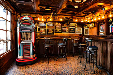 AI generated image of a classic jukebox in the corner of a bar