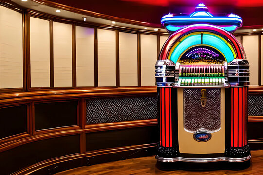 AI generated image of a classic jukebox in the corner of a bar