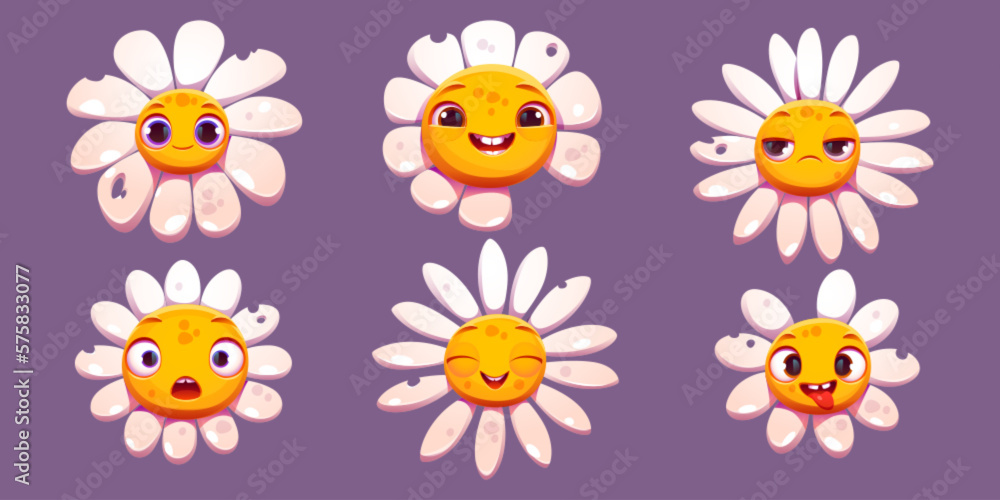 Poster set of cartoon chamomile characters with different emotions isolated on background. vector illustrat