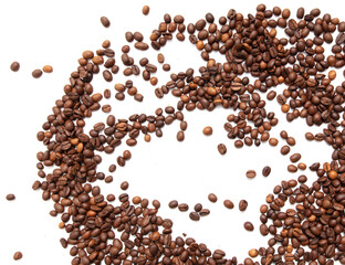 Roasted coffee beans isolated on white background.