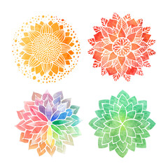 Set of symmetrical stylized watercolor flowers - sunflower symbol, rainbow flower, red and green circular floral pattern