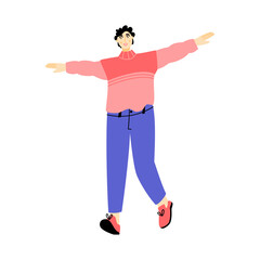 Happy young man running with spread arms. Person having fun. Vector flat illustration on a white background