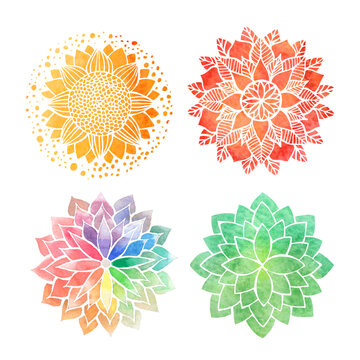 Set of symmetrical stylized watercolor flowers - sunflower symbol, rainbow flower, red and green circular floral pattern