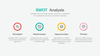 Four colorful elements with text inside placed beside the element. Concept of SWOT-analysis template or strategic planning technique. Infographic design template. Vector illustration.