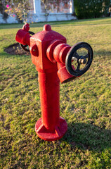 Red fire hydrant on the lawn