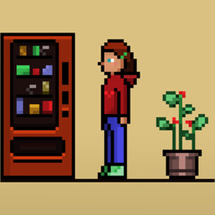 A pixel art illustration of character teen standing near to vending machine