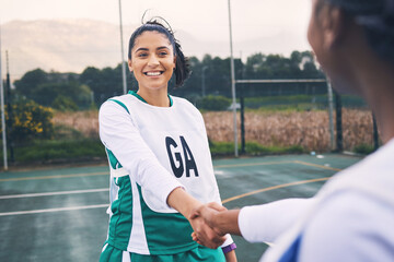 Woman, sports and smile for handshake, partnership or friends in fun game on the court together....