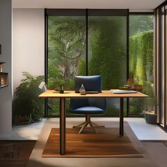 A home office with a comfortable chair and a view of the garden1, Generative AI