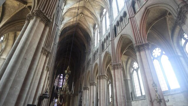  Interior of the Cathedral of Notre-Dame de Reims, listed as a UNESCO World Heritage Site and is the main attraction of the city, France. . High quality 4k footage