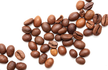 Roasted coffee beans isolated on white background.