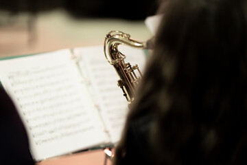 A musician playing an alto saxophone in the sax section in a big band off of sheet music in front...