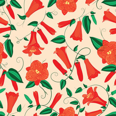 Vector illustration. Red copihue flowers on light peach background seamless repeat pattern.