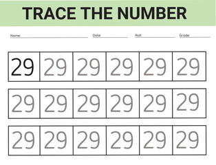 Number 29. card for kids learning to count and to write, worksheet for kids to practice writing skills, Vector illustration