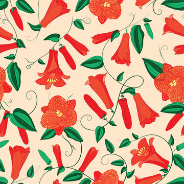 Vector illustration. Red copihue flowers on light peach background seamless repeat pattern.