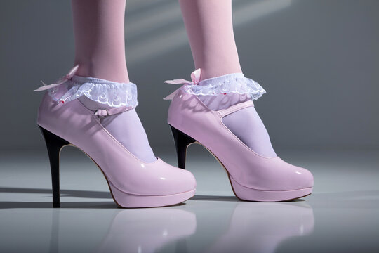 Transgender Mann tr&auml;gt rosa Frauen Schuhe Pumps